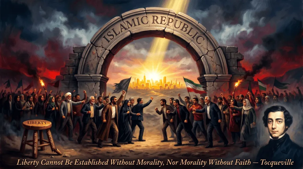 A cracked stone arch reading ISLAMIC REPUBLIC with crowds of Iranian protesters passing beneath it toward a sunlit city, a portrait of Alexis de Tocqueville at the right and the caption “Liberty cannot be established without morality, nor morality without faith”