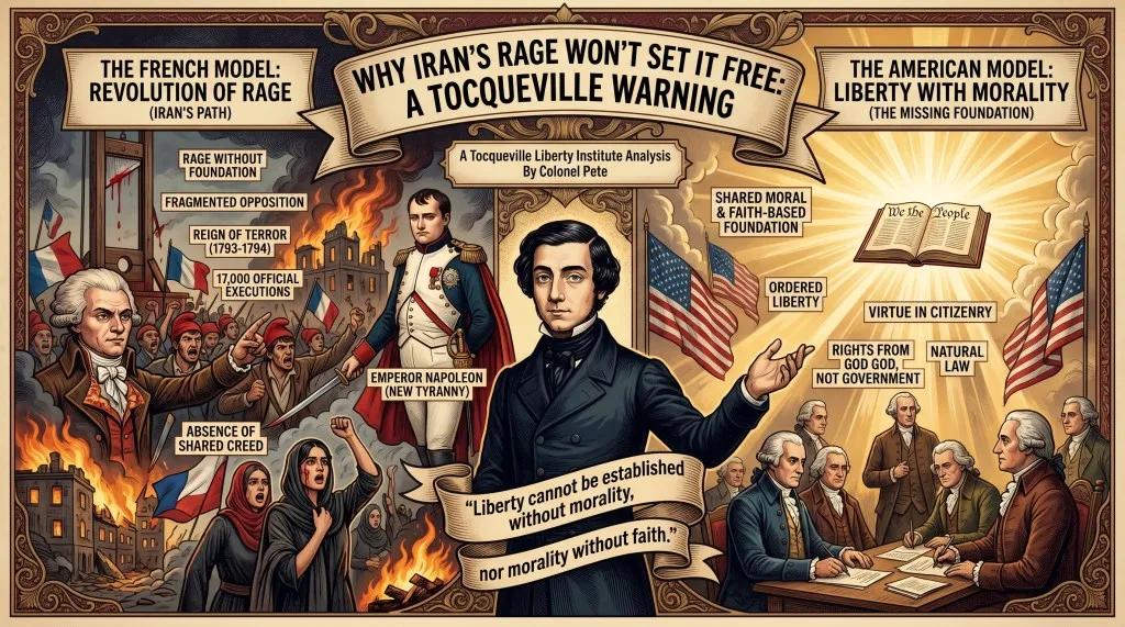 A two-panel illustration contrasting the French model, a revolution of rage with burning buildings and Napoleon, against the American model, liberty with morality showing the Founders and the Constitution, with Tocqueville at the centre