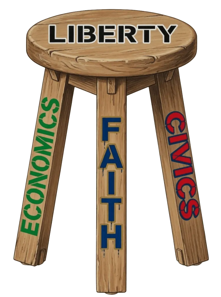 A three-legged wooden stool labelled LIBERTY on the seat, with its legs labelled ECONOMICS, FAITH and CIVICS