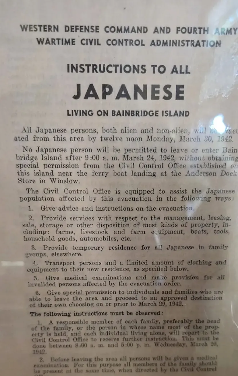 The Army poster of March 24, 1942, issued by the Western Defense Command and Wartime Civil Control Administration: all Japanese persons, "both alien and non-alien," to be removed from Bainbridge Island by noon, March 30, 1942.