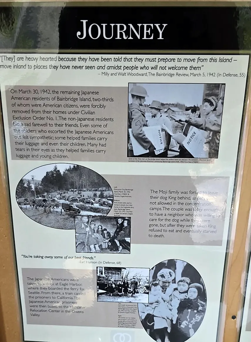 Exhibit panel: exclusion notices handed out on Bainbridge Island, Army trucks on evacuation day, families at the Eagledale dock, and a mother carrying her children to the ferry, March 30, 1942. Courtesy of BIJAC and Densho Digital Archives.