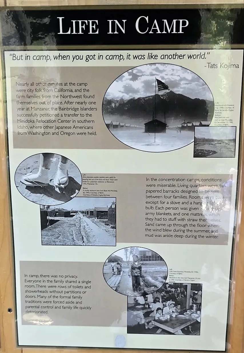 Exhibit panel: the flag over Manzanar, handmade geta sandals for the mud, a muddy lane at Minidoka in 1942, children on the boardwalk, and the mess hall. Courtesy of BIJAC and Densho Digital Archives.