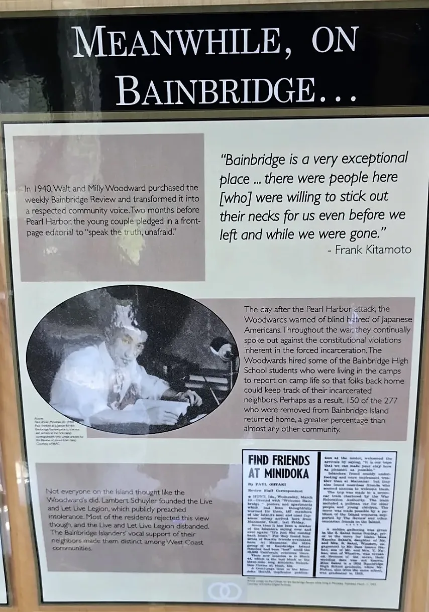 Exhibit panel: Paul Ohtaki at his typewriter; his Bainbridge Review dispatch "Find Friends at Minidoka"; and the record of the Woodwards, who pledged to speak the truth, unafraid. Courtesy of BIJAC and Densho Digital Archives.