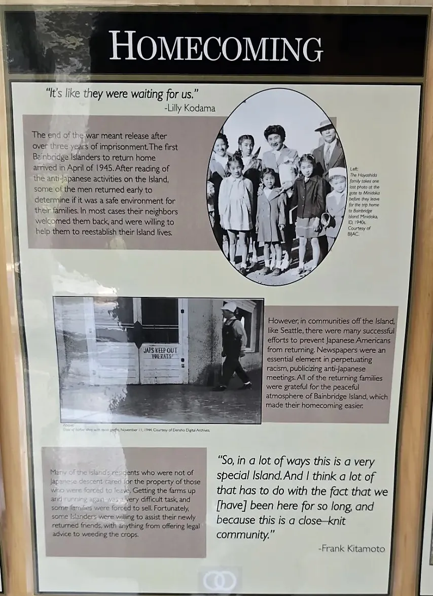 Exhibit panel: the Hayashida family photographed at the Minidoka gate before the trip home, 1945, and a Seattle storefront painted with anti-Japanese graffiti, November 1944, the welcome that awaited returnees off the island.