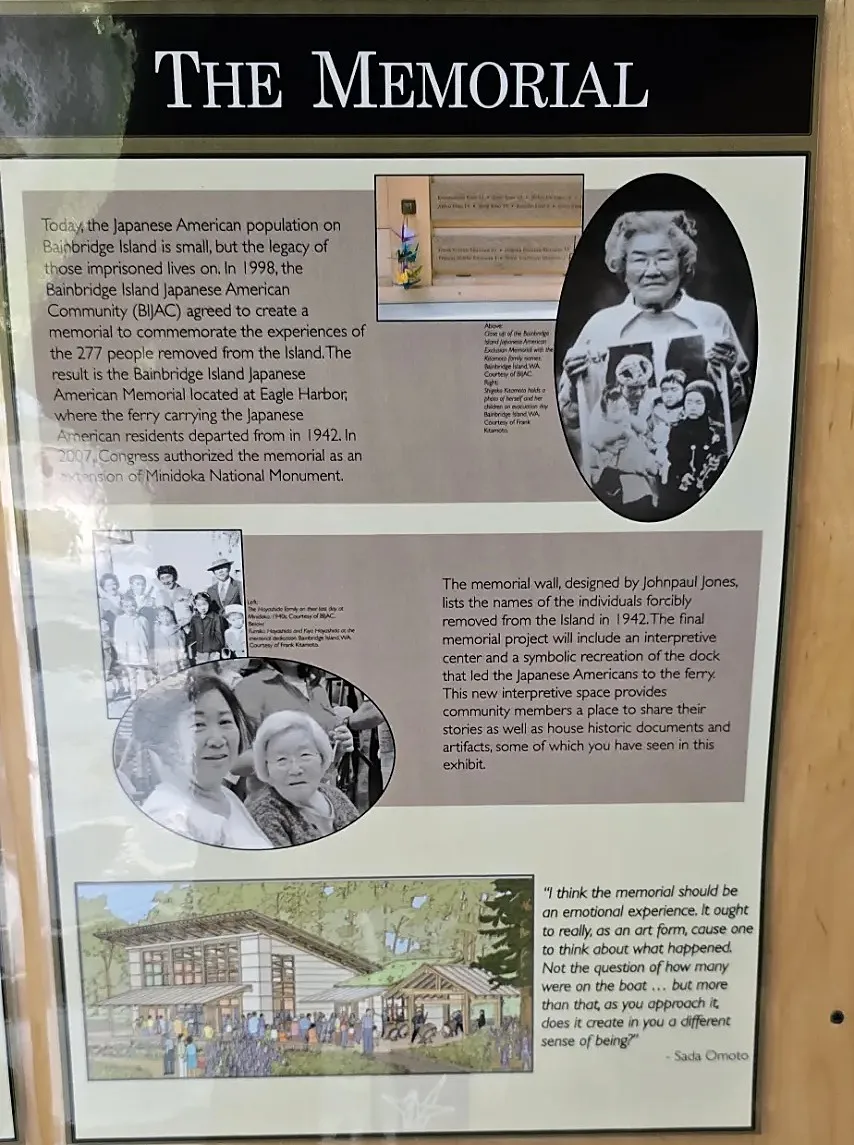 Exhibit panel: the memorial wall with family names; Shigeko Kitamoto holding the 1942 photograph of herself and her children on evacuation day; the Hayashida family on their last day at Minidoka; and the interpretive center design at Eagle Harbor.