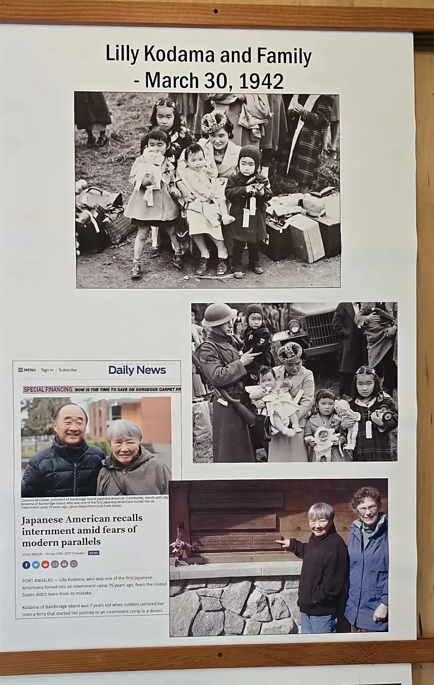 Seven year old Lilly Kodama and her family at the dock on March 30, 1942, children wearing government baggage tags; and Lilly Kodama seventy five years later at the memorial wall, still telling the story.