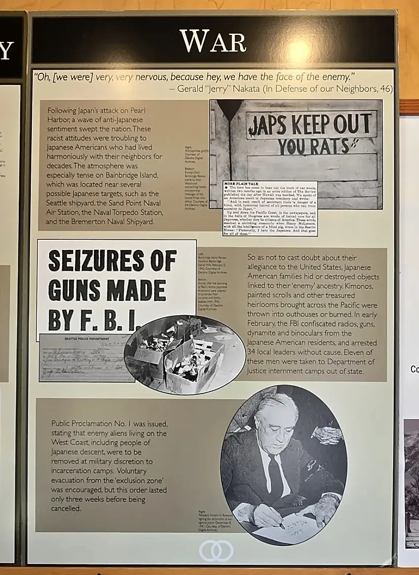 Exhibit panel: anti-Japanese graffiti, a Seattle Police property receipt, the Bainbridge Island Review headline on FBI seizures of February 1942, and President Roosevelt at his desk. Courtesy of BIJAC and Densho Digital Archives.