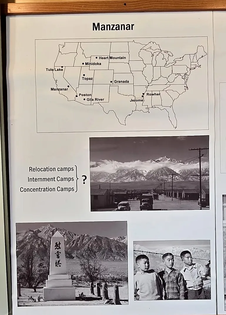 Exhibit panel: the ten War Relocation Authority camps; barracks beneath the Sierra Nevada; the cemetery monument at Manzanar; and three boys at the fence line. The panel asks which name is honest: relocation camp, internment camp, concentration camp.