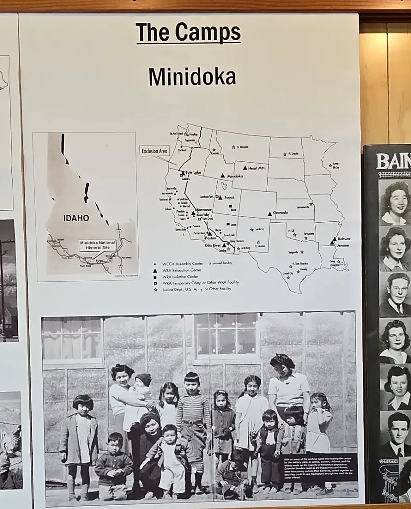 Exhibit panel: the exclusion zone and camp map of the western United States, the Minidoka National Historic Site in Idaho, and the children of Minidoka posing outside their barracks in the 1940s.