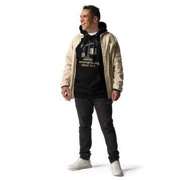 A person wearing a black Just Weights tee under a cream jacket, with black trousers and white trainers