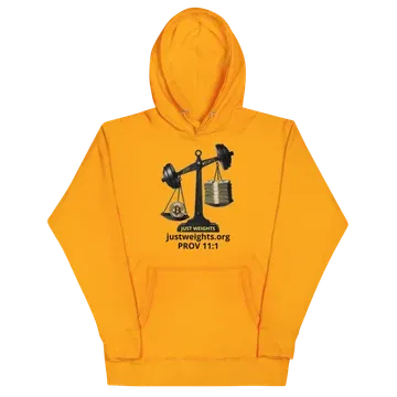 Gold pullover hoodie printed with the Just Weights balance-scale graphic and the line justweights.org, Proverbs 11:1